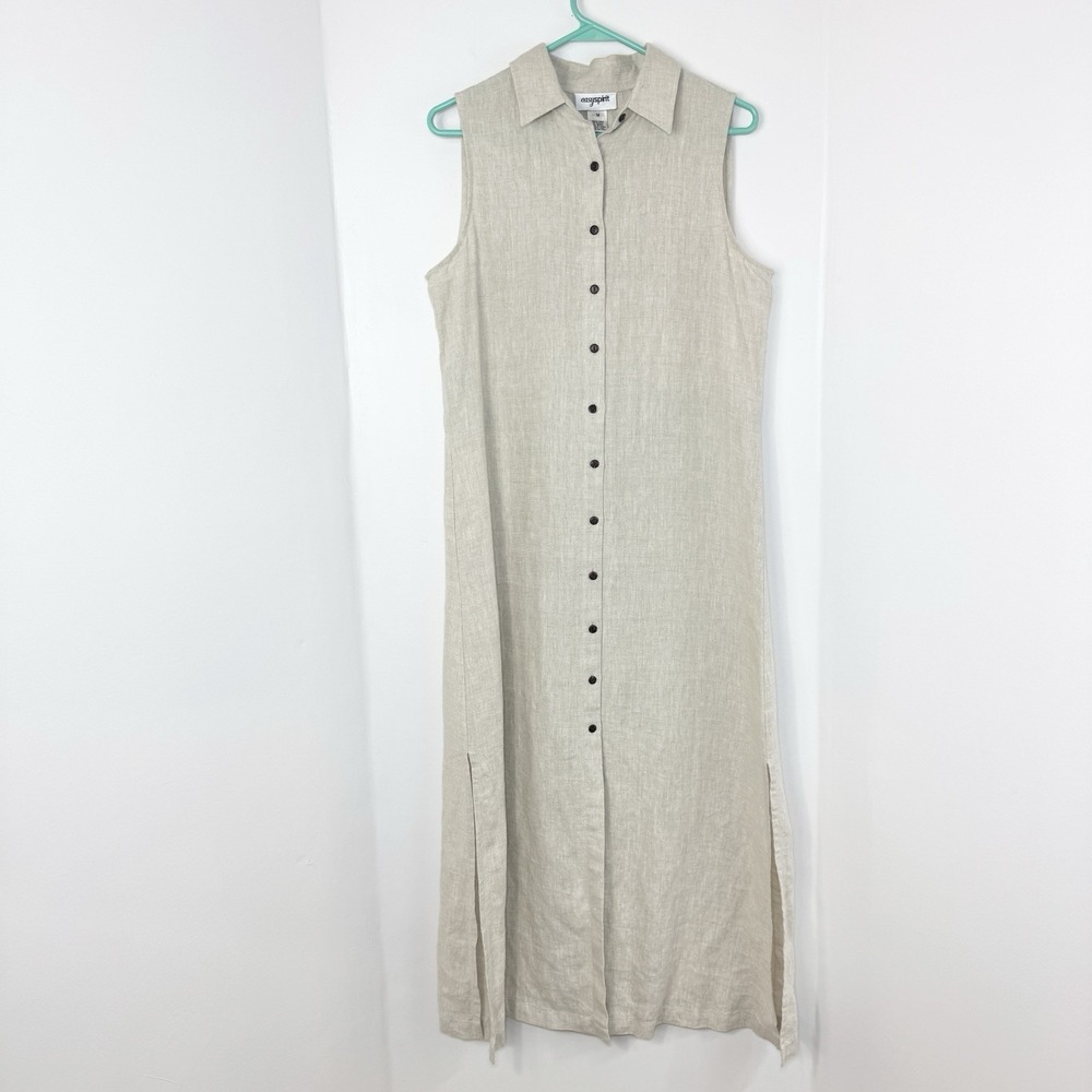 Vintage 100% Linen Maxi Shirt Dress M Sleeveless Minimalist Button Front Neutral - Picture 1 of 13
